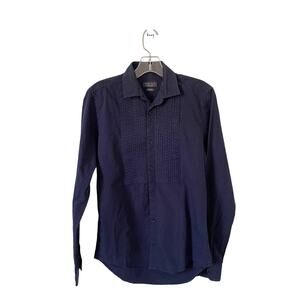 Zara Man Slim Button Down Paisley Tuxedo Long Sleeve Shirt Navy Blue Size Small